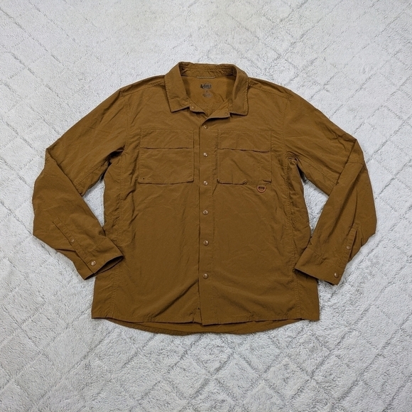 REI Shirt Men's M Brown Nylon Savannah Trails Long Sleeve Hiking Camp Vent Coop - Picture 1 of 8